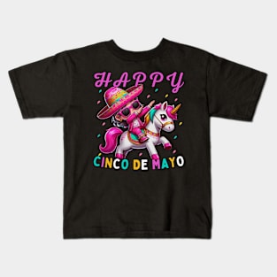 Dabbing girl Dancer on Unicorn Back Happy Cinco de Mayo wearing sunglasses Kids T-Shirt